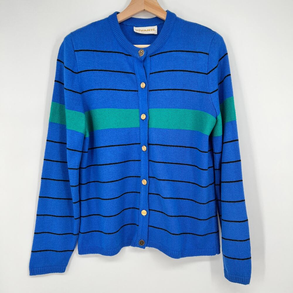 Vtg 90s Vivanti Button Cardigan Sweater Womens 14 Blue Green Stripe Crewneck USA